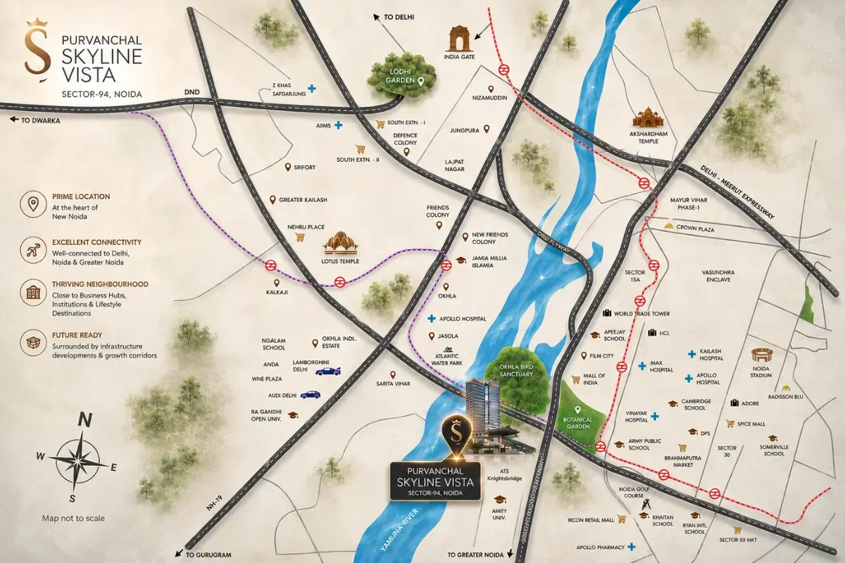Location map of Purvanchal Skyline Vista Sector 94 Noida showing expressway and metro connectivity